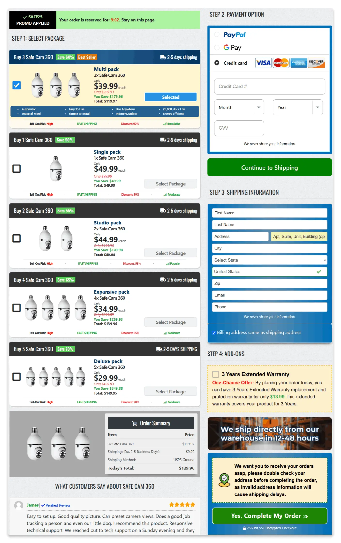 SafeCam 360 secure checkout page